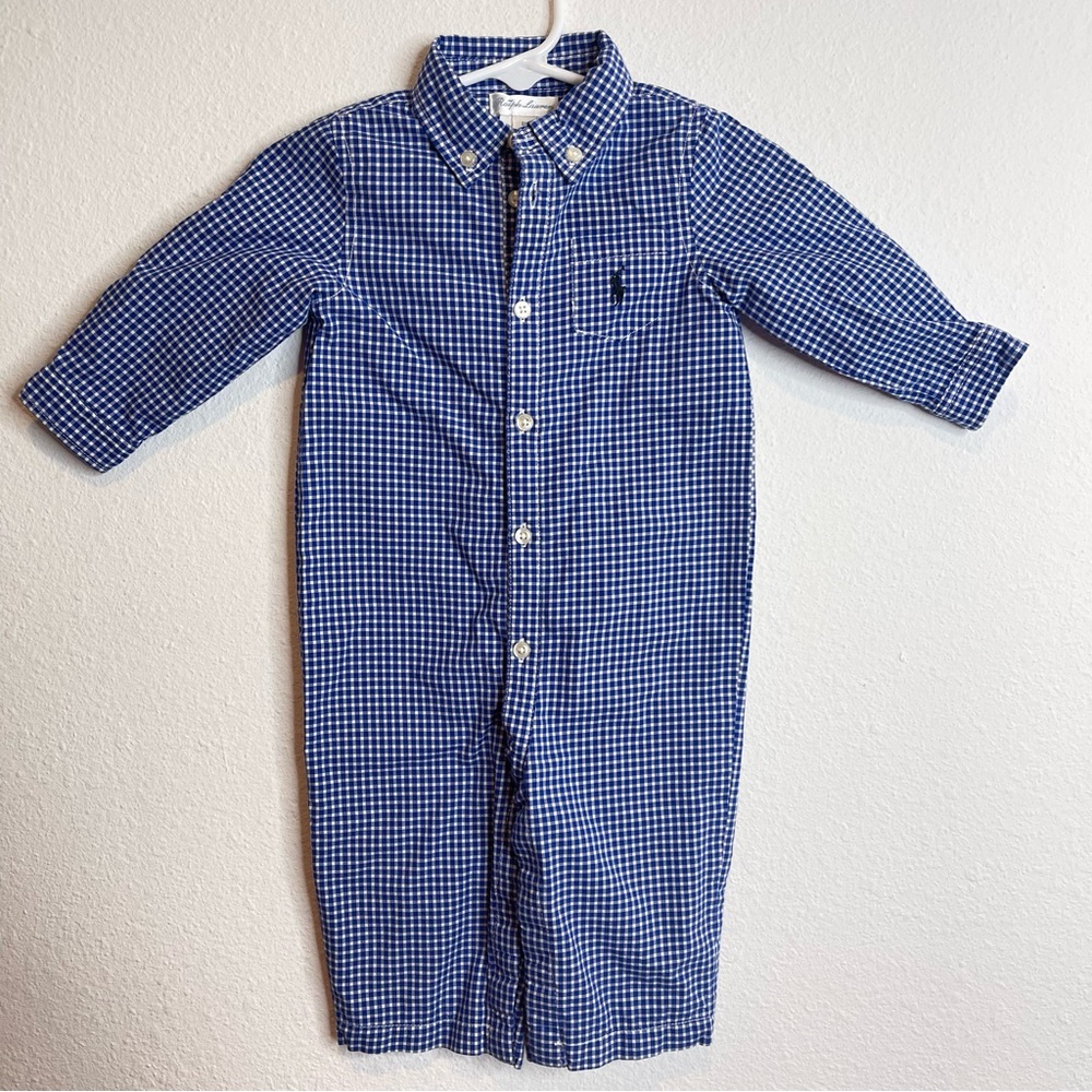 ralph lauren button down romper blue check